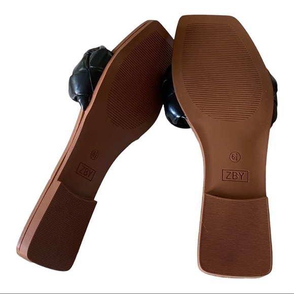 ZBY Black Faux Leather Square Open Toe Braided Flat Slide Sandals 6.5 NI…Goth - Picture 2 of 12